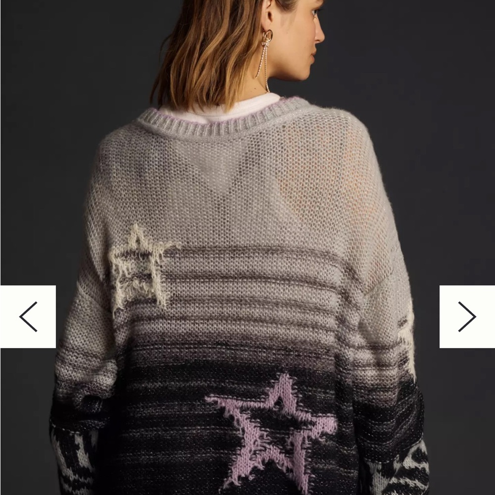 Anthropologie Gray and Black Crew Neck Sweater with Star Patterns